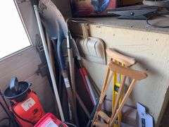 Assorted Yard and Cleaning Tools, Wooden Crutches and Propane Tank