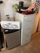Filing Cabinet, Mini Fridge, Various Electronics & Misc.