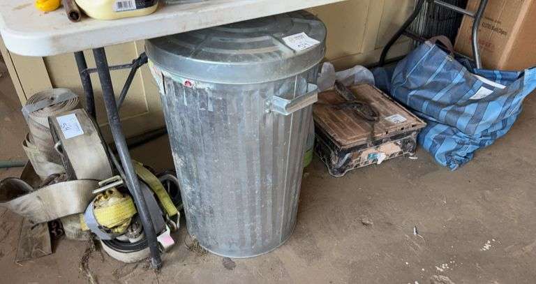 Tile Saw, Portable Vaccuum Cleaner, Straps, Steel Trash Can, Etc.