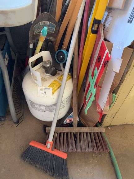 Assorted Yard and Cleaning Tools, Wooden Crutches and Propane Tank
