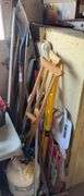 Assorted Yard and Cleaning Tools, Wooden Crutches and Propane Tank