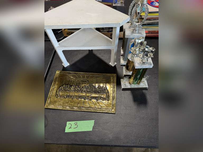 GROUP OF TROPHIES, METAL SHELF