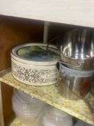 Tins, storage containers+ contents of cabinet