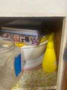 Tins, storage containers+ contents of cabinet