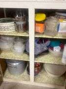Tins, storage containers+ contents of cabinet