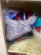 Tins, storage containers+ contents of cabinet