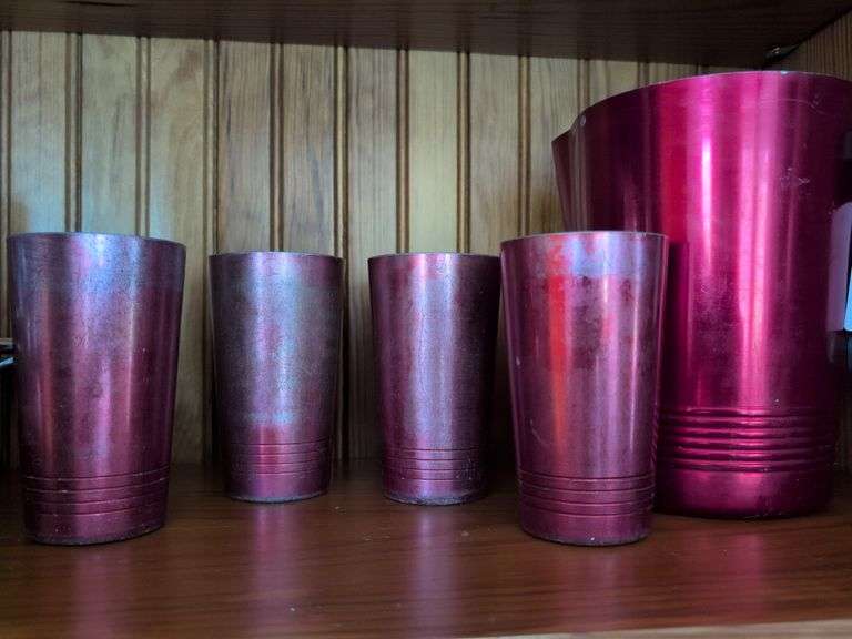 Vintage Red Regal Ware Supreme Aluminum pitcher and cups