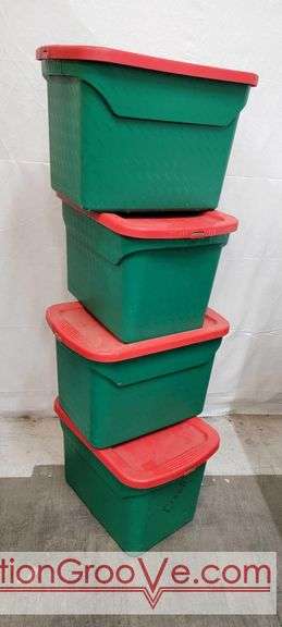 4 storage tubs with lids. Approximately 15 to 20 gallon size. 24 by 15 by 16". In good condition