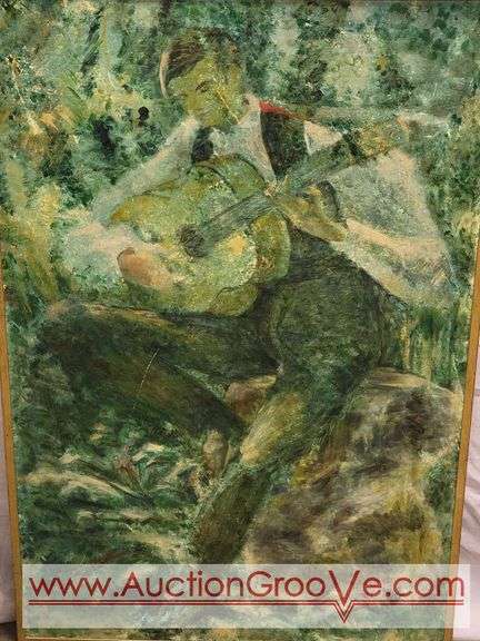 Large Painting. Man Playing Guitar. E.Chauser. 24.5 x 37. BR