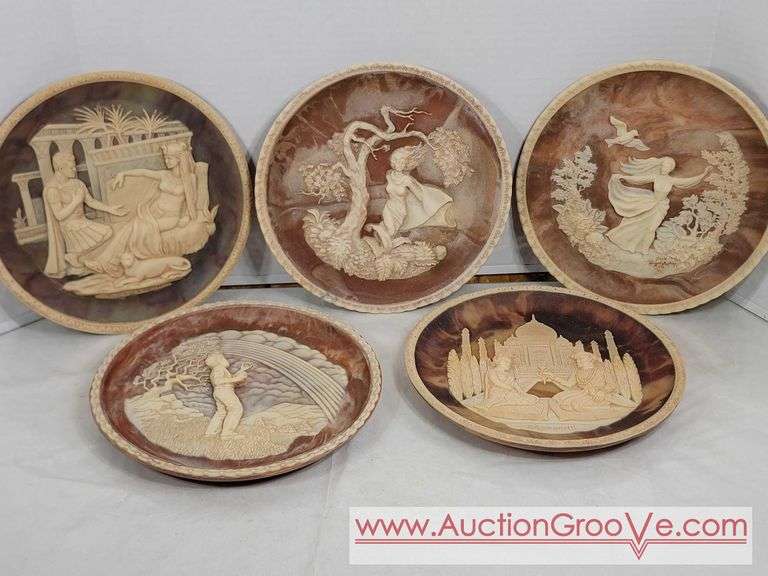 5 - INCOLAY Stone Cameo Plates. Anthony & Cleopatra, She Was a Phantom of Delight, To a Skylark, The Taj Mahal Lovers, and My Heart Leaps Up When I Behold.      10". FR4