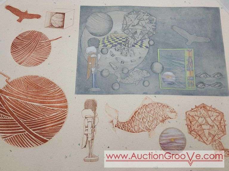 Impressed Collage Design on Hand Laid Paper. 2 Pieces. Artist Proof and Thr Original. Signed by Artist Simon 1980. See photos for details. 31 x 23.5. AB2