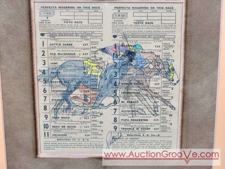 Vintage Hialeah Horse Racing Program with Original Art Signed by Patrish mounted on horsehair. 15 x 16.