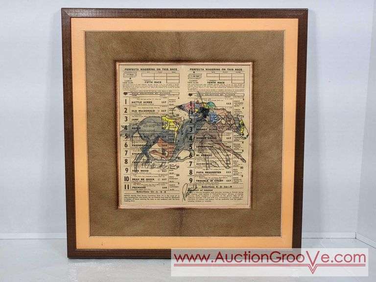 Vintage Hialeah Horse Racing Program with Original Art Signed by Patrish mounted on horsehair. 15 x 16.