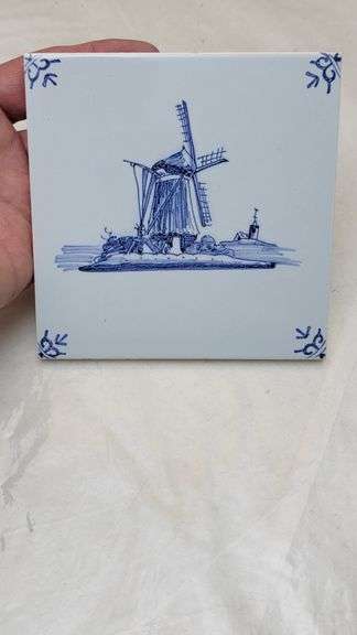 Westraven Porcelain Tile with Windmill Scene from Holland. Measures 5 3/16 Square. B