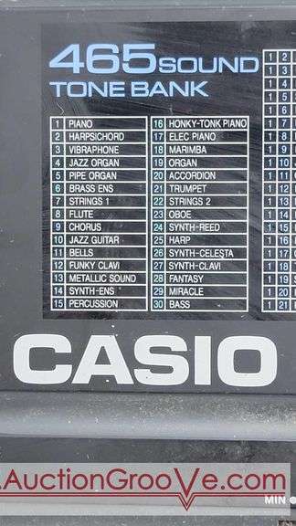 CASIO 465 Sound Tone Bank Electronic Keyboard. Plugged it in, tested many of the features and it seems to function properly. I wiped off the last 4 keys with a damp rag and they cleaned up nicely. Inc