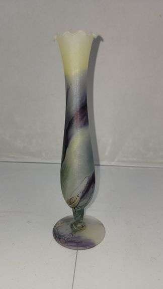 1980s Vintage Robert Rouven Nouveau Art Glass Hand Painted Handblown Vase. 10 inches tall. B