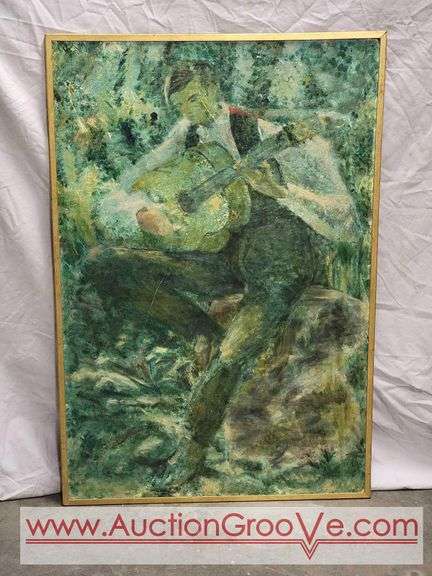 Large Painting. Man Playing Guitar. E.Chauser. 24.5 x 37. BR