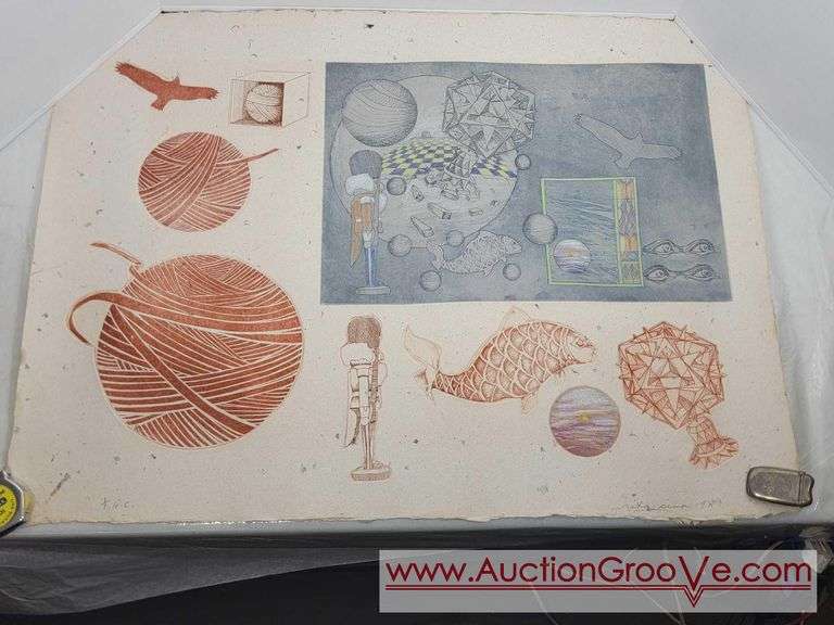 Impressed Collage Design on Hand Laid Paper. 2 Pieces. Artist Proof and Thr Original. Signed by Artist Simon 1980. See photos for details. 31 x 23.5. AB2
