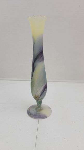 1980s Vintage Robert Rouven Nouveau Art Glass Hand Painted Handblown Vase. 10 inches tall. B