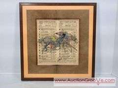 Vintage Hialeah Horse Racing Program with Original Art Signed by Patrish mounted on horsehair. 15 x 16.