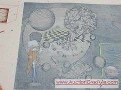 Impressed Collage Design on Hand Laid Paper. 2 Pieces. Artist Proof and Thr Original. Signed by Artist Simon 1980. See photos for details. 31 x 23.5. AB2