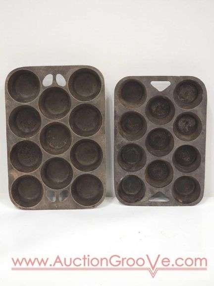 TWO Cast Iron Muffin Pans. 2.5" and 2". 11 x 7.5 x 1.5 and 10 x 7 x 1.5. B2