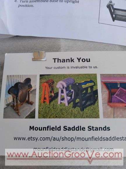 Mounfield Saddle Stand, new in box! Horse Leg stand is extra large size with black varnish finishes. Needs assembly, comes with instructions! Identical item in lot 10. Retails for over $600! Look on F