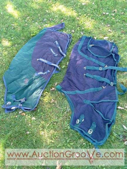 Tuffrider stable sheet is size 70in. In green and blue color. Small hole but overall good condition. Also size 66 turnout sheet in good condition.