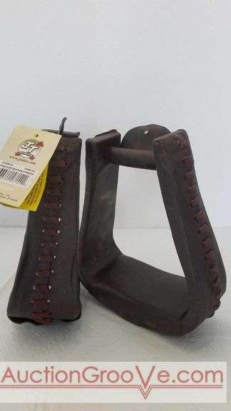 JT International over sized Western Stirrups with dark oil finish. New leather stirrups have 5in foot opening and 8.5in top to bottom.