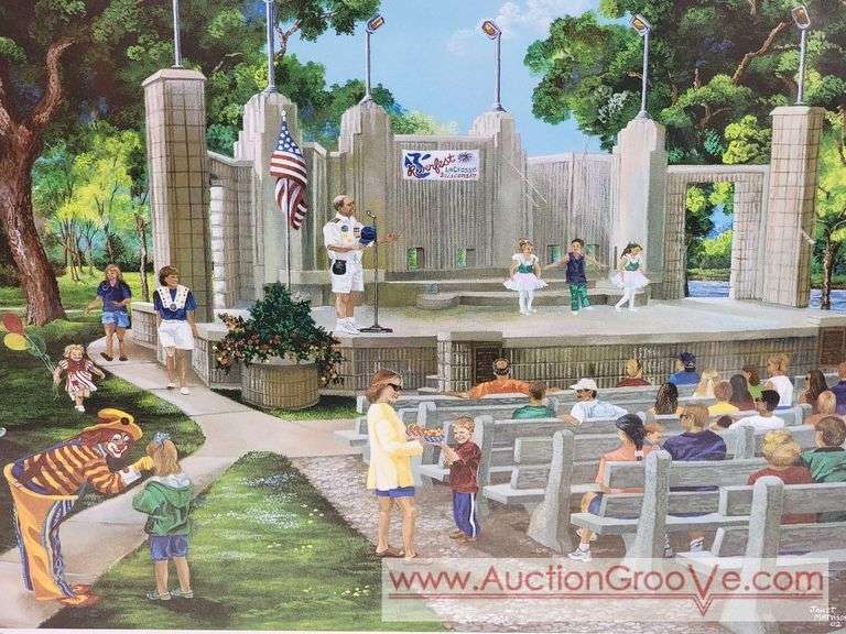 Janet Mattison Prise Signed Print. Riverfest Scene. 17.5 x 14. There appears to be some minor damage to the print. There also some scratches but I believe they are just on the outter plastic not the a