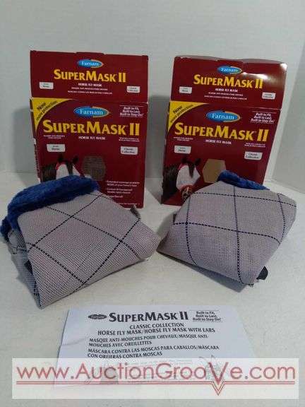 Super Mask II by Farnam horse fly masks, both are new in box. Navy blue and gray masks are Horse size.