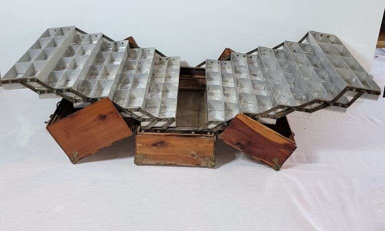 An AWESOME CEDAR TACKLEBOX with Metal Trays.  Brass plate states fisherman's chest Dickson - Clawson co Kansas City Kansas Pat pend. MORE FISHING THIS AUCTION. GS