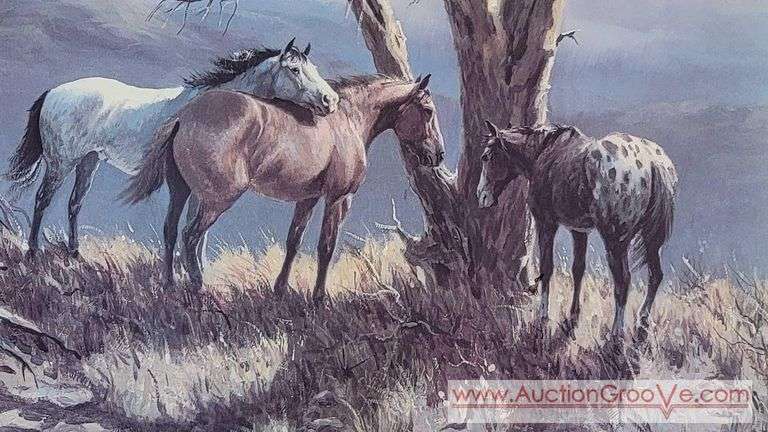 Horses on a Windblown Mountain Top by Olaf Wieghorst (1899-1988). He was a painter of the American West, often called "The Dean of Western Artists". Frame measures 35" w x 31.5" h. Double Matted, No G