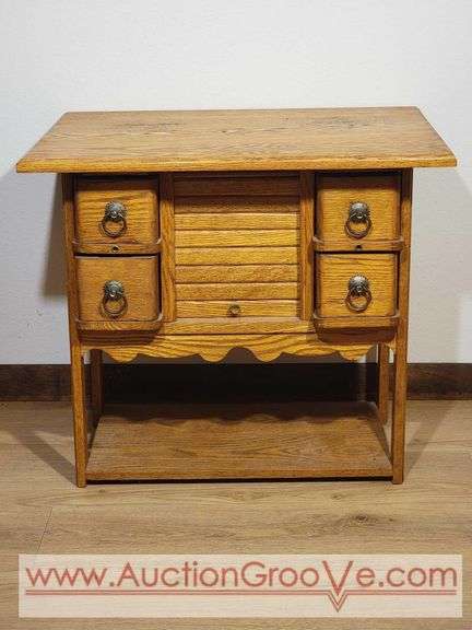 Sewing Cabinet with 4 Drawers and a Roll Top Compartment. Hand Crafted by Guy R Jewett. West Salem WI. 24 x 16.5 x 21. LR