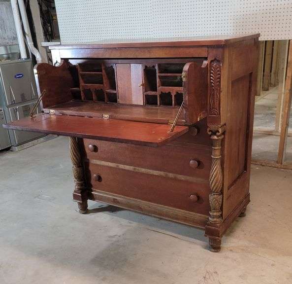 Antique Butler's Desk. Early to middle 1800s Butler's Desk/Dresser. Measures 43" w x 21" d x 45" h. Desk height is 31.5 inches. Back of dresser bottom and sides of drawers were skillfully replaced wit