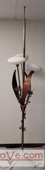 Awesome Tension Pole Floor Lamp with 3 - UFO Glass Shades and what appears to be original artificial flora. Examples found identifying manufacturer as both Majestic and LuxCraft.