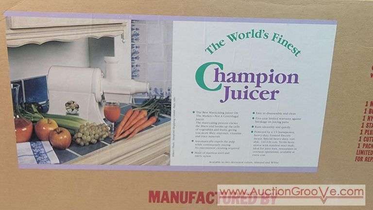 Champion Juicer. In original box and appears complete as shown in photos. Runs smoothly and shows no wear. Probably not used much, if at all. Sells to the highest bid over $180.