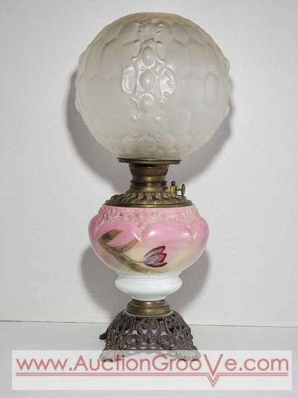 Antique 1898 Gone with the Wind Style Kerosene Lamp with Frosted Honeycomb Shade. The Shade is not Original to the lamp but they seem to work well together. Lamp is 7 x 13 without the shade. Shade is 