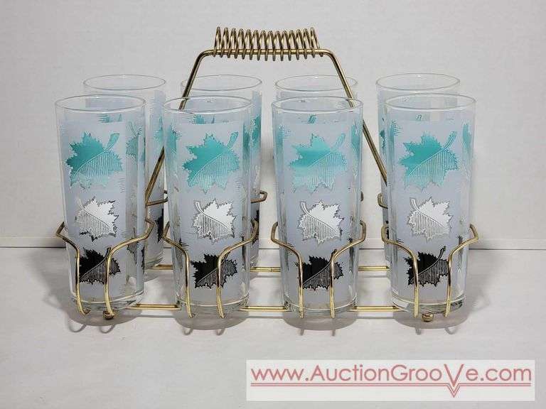 8 MCM Libbey Turquoise, White and Black Frosted Drinking Glasses with Caddy. XSJ