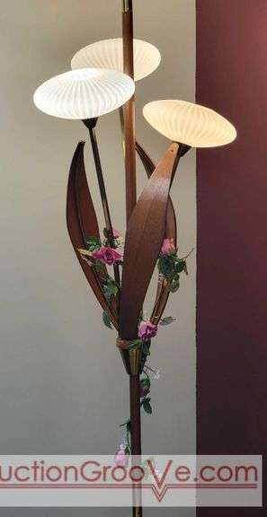 Awesome Tension Pole Floor Lamp with 3 - UFO Glass Shades and what appears to be original artificial flora. Examples found identifying manufacturer as both Majestic and LuxCraft.