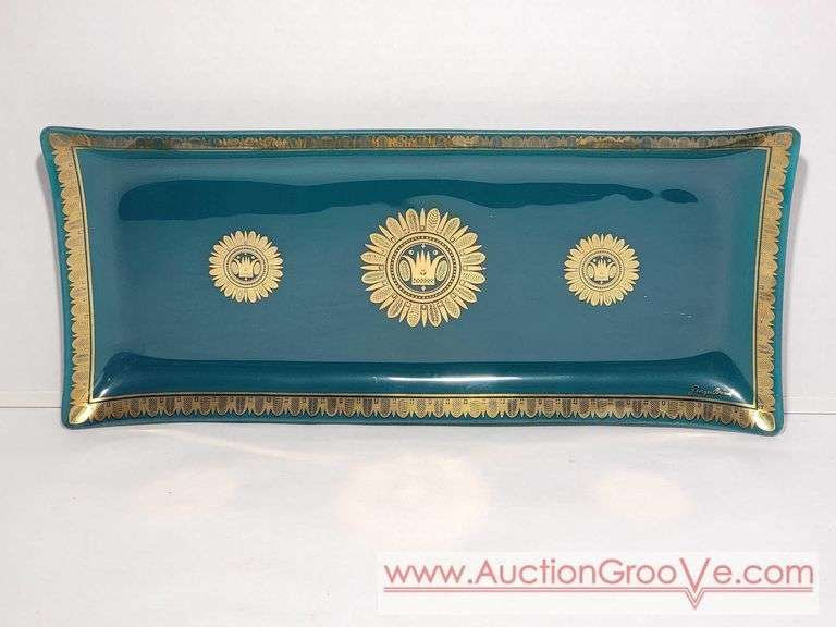 MCM George Briard Teal and Gold Glass Serving Tray. 16.5 x 7 x 1. Has a few small chips on the rim and a few scratches. See photos. XSJ