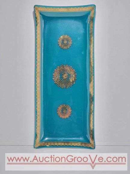MCM George Briard Teal and Gold Glass Serving Tray. 16.5 x 7 x 1. Has a few small chips on the rim and a few scratches. See photos. XSJ