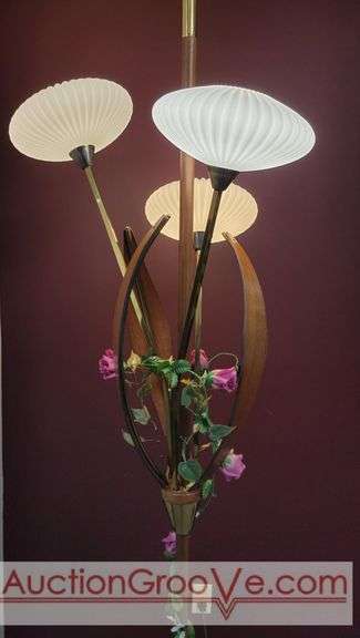 Awesome Tension Pole Floor Lamp with 3 - UFO Glass Shades and what appears to be original artificial flora. Examples found identifying manufacturer as both Majestic and LuxCraft.