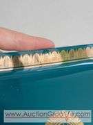 MCM George Briard Teal and Gold Glass Serving Tray. 16.5 x 7 x 1. Has a few small chips on the rim and a few scratches. See photos. XSJ