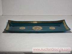 MCM George Briard Teal and Gold Glass Serving Tray. 16.5 x 7 x 1. Has a few small chips on the rim and a few scratches. See photos. XSJ