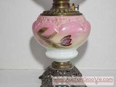 Antique 1898 Gone with the Wind Style Kerosene Lamp with Frosted Honeycomb Shade. The Shade is not Original to the lamp but they seem to work well together. Lamp is 7 x 13 without the shade. Shade is 