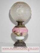 Antique 1898 Gone with the Wind Style Kerosene Lamp with Frosted Honeycomb Shade. The Shade is not Original to the lamp but they seem to work well together. Lamp is 7 x 13 without the shade. Shade is 