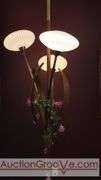 Awesome Tension Pole Floor Lamp with 3 - UFO Glass Shades and what appears to be original artificial flora. Examples found identifying manufacturer as both Majestic and LuxCraft.