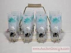 8 MCM Libbey Turquoise, White and Black Frosted Drinking Glasses with Caddy. XSJ