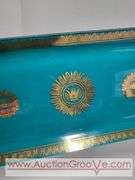 MCM George Briard Teal and Gold Glass Serving Tray. 16.5 x 7 x 1. Has a few small chips on the rim and a few scratches. See photos. XSJ